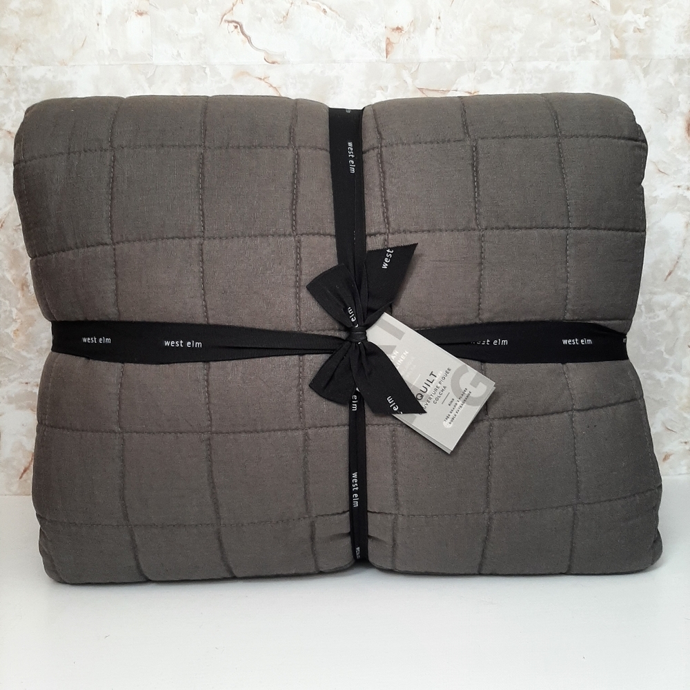 West Elm Belgian Flax Linen Frayed Edge King Quilt Slate